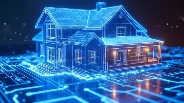 Futuristic house design with glowing blue lines, showcasing modern architecture and technology.
