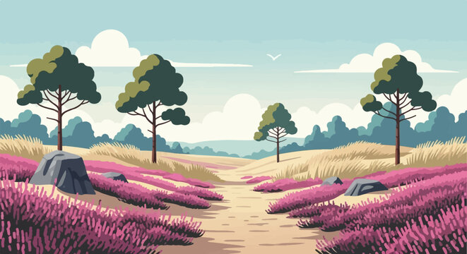 A scenic, pixelated landscape with a dirt path, heather, rocks, and trees