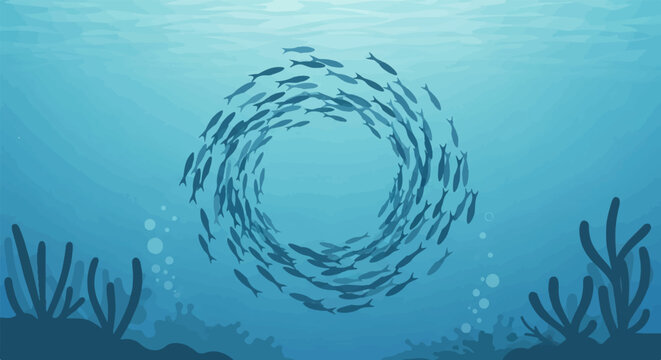 A school of fish swims in a circle underwater, surrounded by coral and bubbles