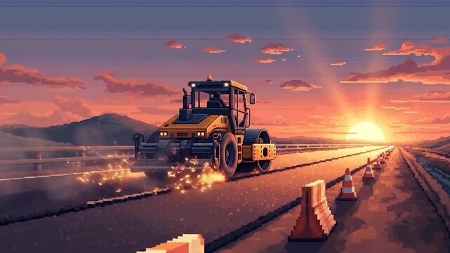 Road Roller Compacting Asphalt at Sunset Highway.