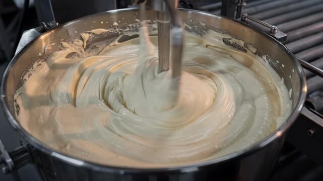 Medium shot of creamy vanilla cake batter being mixed in a large stainless steel bowl highlighting smooth texture and automated industrial baking process.