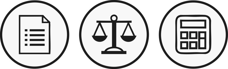Law and Order Icons: Three minimalist icons symbolizing documentation, justice, and financial calculation, each contained within a circular frame against a neutral backdrop.