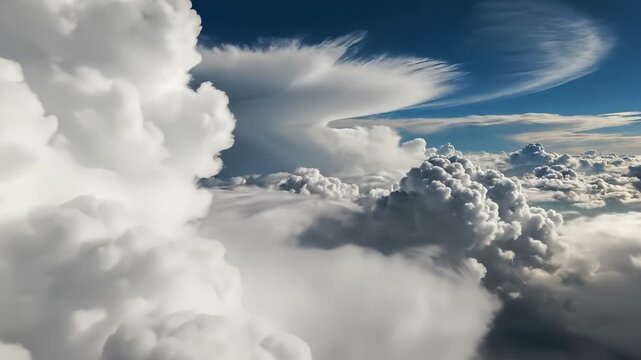 The scene features fluffy clouds, with layers of clouds dominating the sky. The bright blue backdrop contrasts the white cloud formations in the atmosphere.