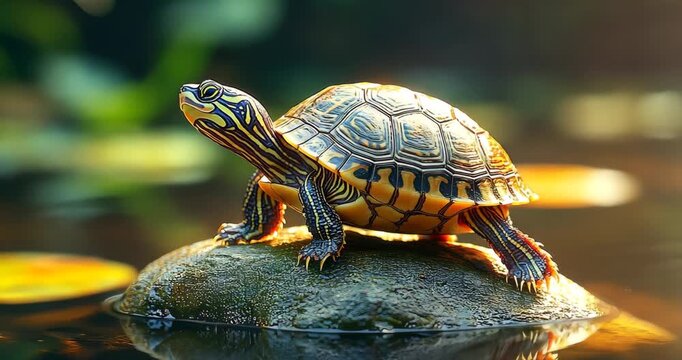 A turtle sits on a rock in a pond, basking in the sunlight, creating a serene scene.