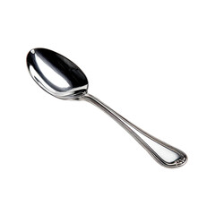 Close-up of a gleaming, ornate silver spoon against a stark black backdrop