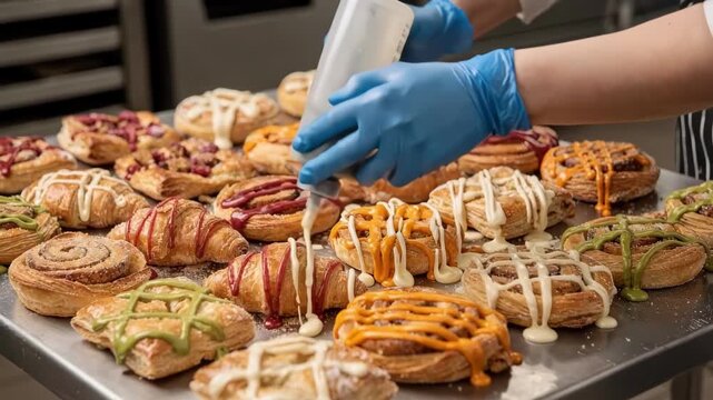 Medium shot showing a variety of frozen pastries being decorated with colorful flavored drizzle patterns for added taste and visual appeal.