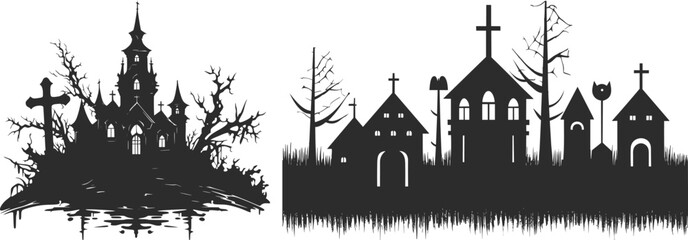 Obraz premium Halloween horror icon set collection group with spooky monster silhouettes, haunted house, ghost, skeleton, pumpkin, graveyard, scary creatures vector isolated on black background.