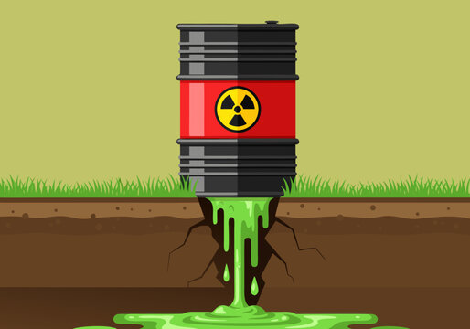 Hazardous waste barrel leaking toxic sludge illustration vector, environmental pollution concept