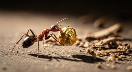 Close up of ant carrying golden ball on textured ground with selective focus