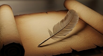 Close up of feather and scroll on aged paper with sepia tones