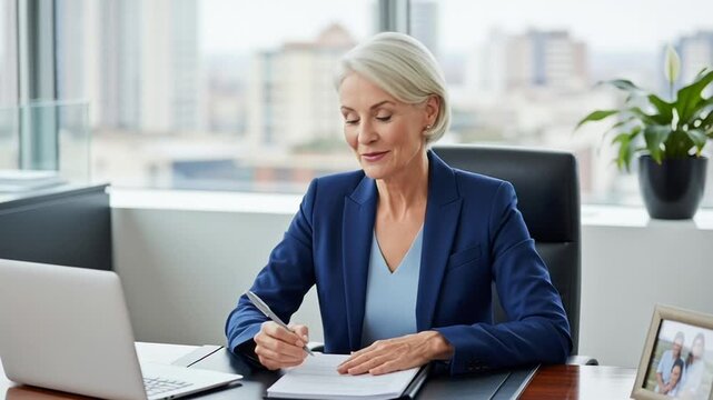 Mature Businesswoman Working at Office Desk.