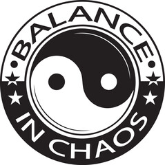 A circular symbol with yin and yang representing balance in chaos with stars around it