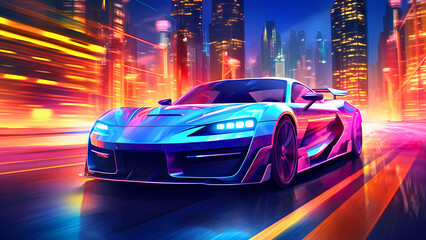 Fototapeta premium Modern Aerodynamic Sports Car Racing Through Urban Night Street Illustration