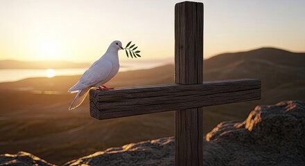 Dove with olive branch perched on wooden cross against sunset background