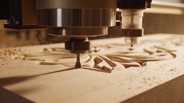 A CNC machine carves intricate designs into wood. The woodworking process features detailed patterns being shaped by the rotating tool of the CNC machine.