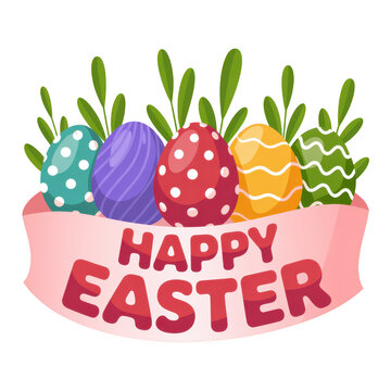 A colorful illustration featuring five patterned easter eggs and a "happy easter" banner isolated on transparent background.
