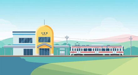 A simplified illustration of a rural train station with a train at the platform