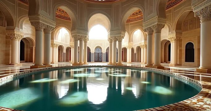 A serene indoor pool reflects light within an ornate, classical building featuring columns and arches, creating a tranquil atmosphere.