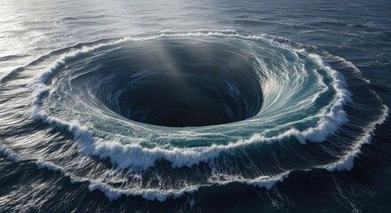 Dramatic whirlpool formation in ocean water with swirling waves and dark depths