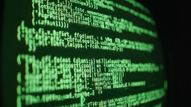 Glowing green lines of text scroll across a dark screen, reminiscent of code