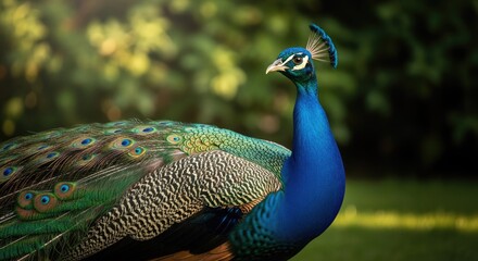 Elegant peacock displaying vibrant feathers in natural outdoor setting