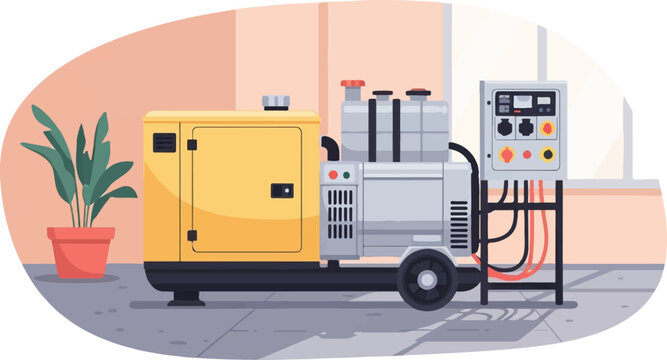 A portable generator sits beside a potted plant in a room