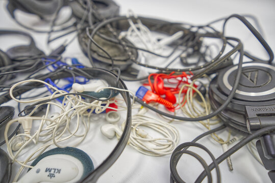 Suzano, Sao Paulo - Brazil - february 01, 2026: Various headphone devices with and without microphones