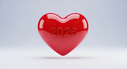 Glossy red heart with embossed 2026 on light background conceptual design