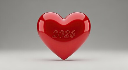 Glossy red heart with embossed year 2026 on grey background