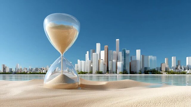 Timeless concept scene, hourglass centered before a futuristic urban skyline, flowing sand representing the relentless march of time