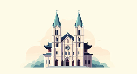 Obraz premium A pixelated church with twin towers and a rounded rose window