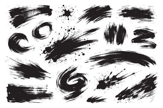 Black ink brush strokes and artistic paint splashes vector collection