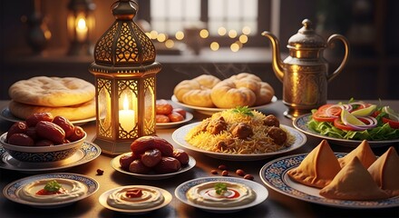 Fototapeta premium Traditional Middle Eastern iftar feast with dates, biryani, and golden lantern on wooden table