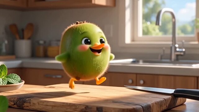 Adorable 3D Kiwi Bird Character with Fruit Texture Jumping on a Kitchen Cutting Board