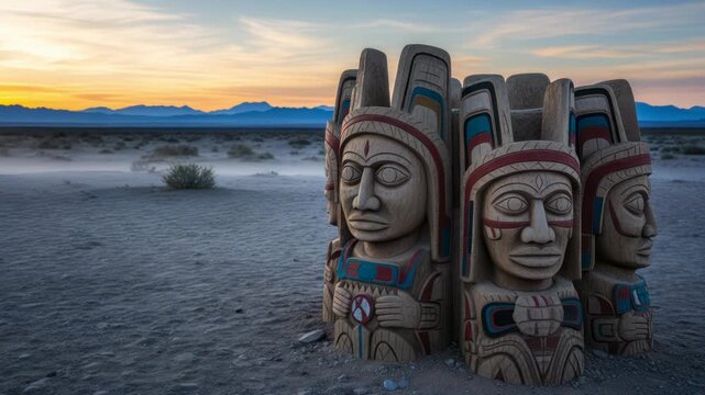 Ancient Totem Poles in Desert Landscape at Sunset, Symbolic Cultural Heritage
