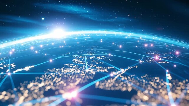 Glowing digital connections between different locations on Earth, highlighting the interaction of cities and networks at night