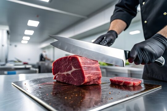 Professional Butcher Hands in Black Gloves Slicing Prime Marbled Beef Roast on Stainless Steel