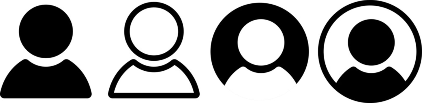 Four distinct black and white minimalist user profile icons depicting various avatar person symbols for web, isolated on transparent background