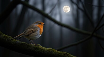 Robin perched on branch with full moon in dark forest night