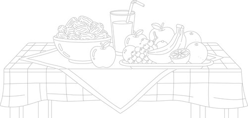 Obraz premium Outline illustration of ramadan iftar table laden with dates, fruits, and juice, perfect for coloring book or educational material