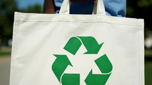 Person Carries Reusable Bag With Recycle Symbol Outdoors in Daylight
