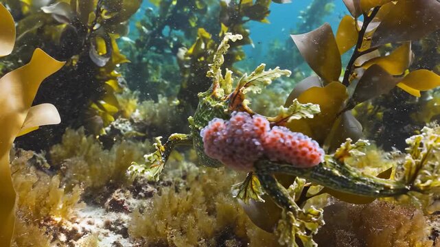 A leafy seadragon navigates through the kelp forest. This unique seadragon displays vibrant colors amid the aquatic vegetation in its natural habitat.