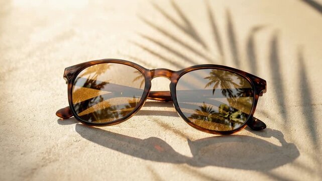 Sunglasses slide across sunlit sand as palm frond shadows move and tropical reflections shift in lenses