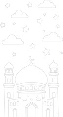 Fototapeta premium Islamic mosque silhouette with clouds and stars coloring page for kids creative religious activity featuring minarets and dome architectural details