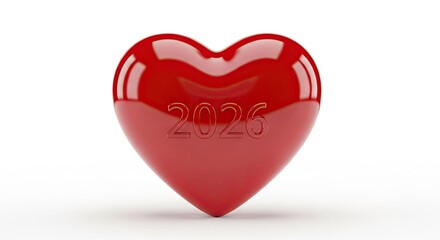 Shiny red heart with the year 2026 inscribed on white background