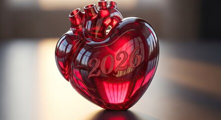 Shiny red heart with 2026 inscription reflecting light on dark surface