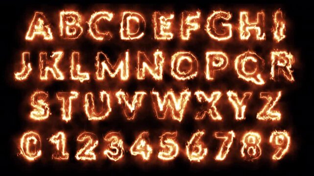 Alphabet text animation from a to z on transparent background, neon glowing alphabet fire sign animated text from A to Z with alpha channel in 4k.