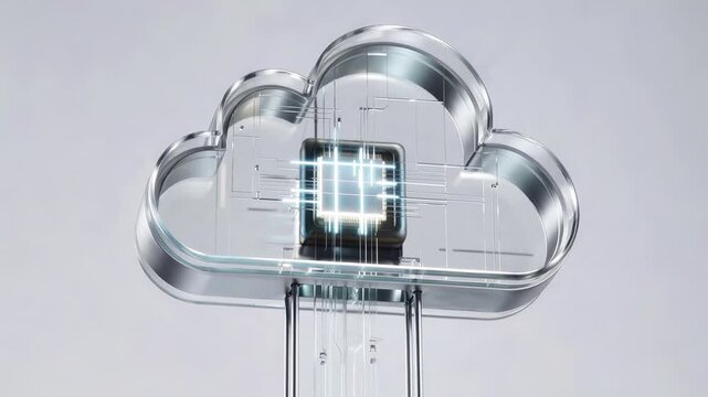 Transparent cloud icon reveals glowing microchip as data streams through a futuristic cloud computing system