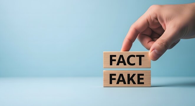 Hand placing wooden blocks with fact and fake labels on a light blue background