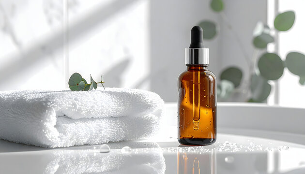 白い洗面台に綺麗なタオル、アンバーのガラス瓶とユーカリの葉、美容イメージ2